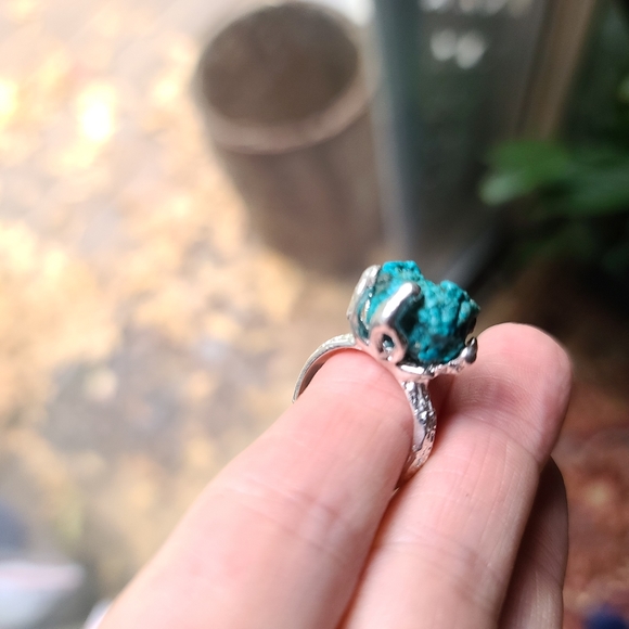 Turquoise raw natural nugget with Pyrite squares sterling ring sz7 - Picture 3 of 14